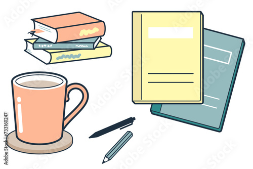 本と筆記用具とコップのイラスト