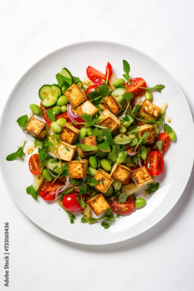 A vegan tofu salad with vegetables on white plate. Top view A vegan tofu salad with vegetables on white plate. Top view