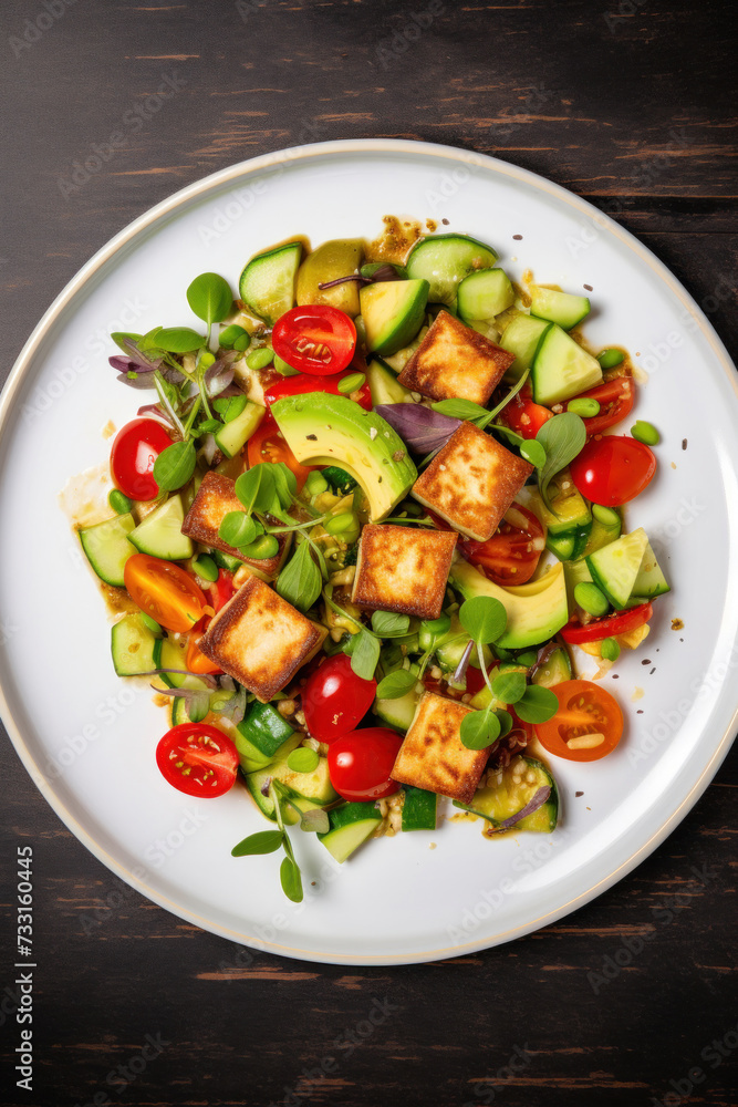 A vegan tofu salad with vegetables on white plate. Top view A vegan tofu salad with vegetables on white plate. Top view