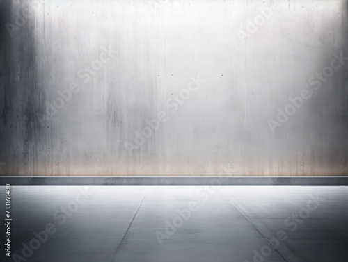 Spacious room with dramatic lighting and a polished concrete wall. Architectural concept. Generative AI