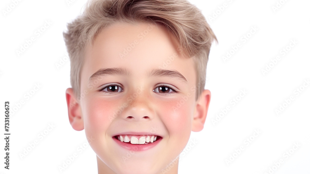 Closeup portrait of a cute beautiful young boy kid smiling with clean teeth isolated on white background. Health care, dental hygiene. Used for a dental ad. Closeup portrait of a cute beautiful young boy kid smiling with clean teeth isolated on white background. Health care, dental hygiene. Used for a dental ad.