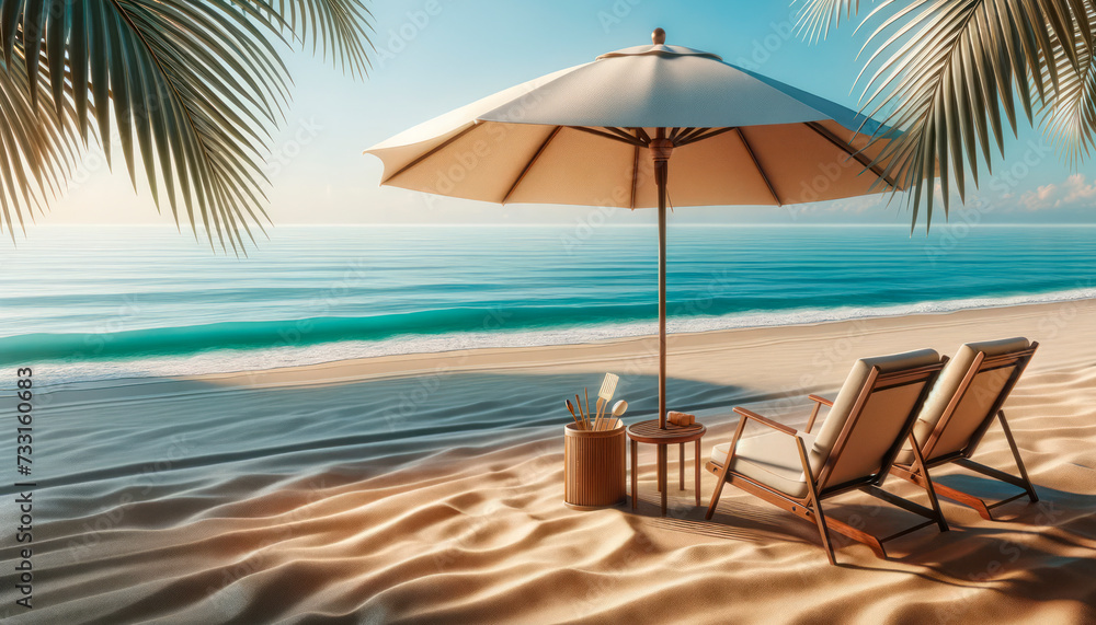 Sunlit tropical beach with elegant sun loungers and umbrella, serene sea view. Relaxation and luxury concept Generative AI