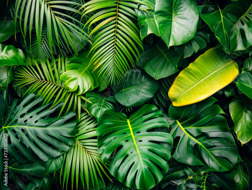 Tropical leaves composition with bright yellow accent. Exotic and vibrant nature concept. Generative AI