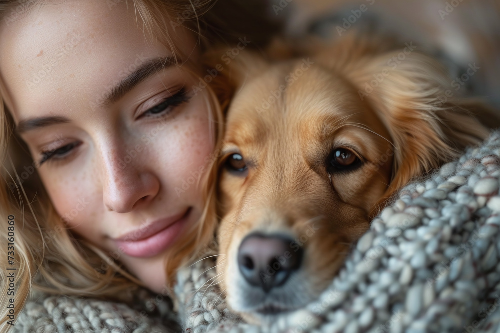 A gentle and loving moment shared between a youthful woman and her canine companion. A gentle and loving moment shared between a youthful woman and her canine companion.