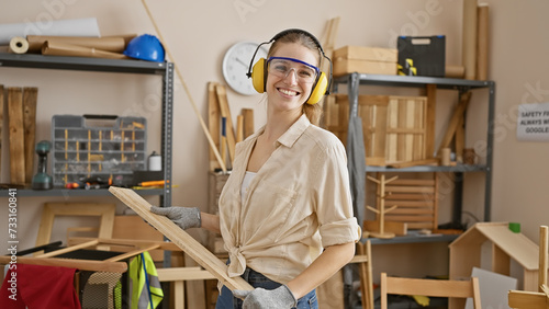 Tableau sur toile Smiling woman with safety gear holding lumber in a carpentry workshop
