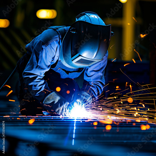 Welder in a workshop welds metal together