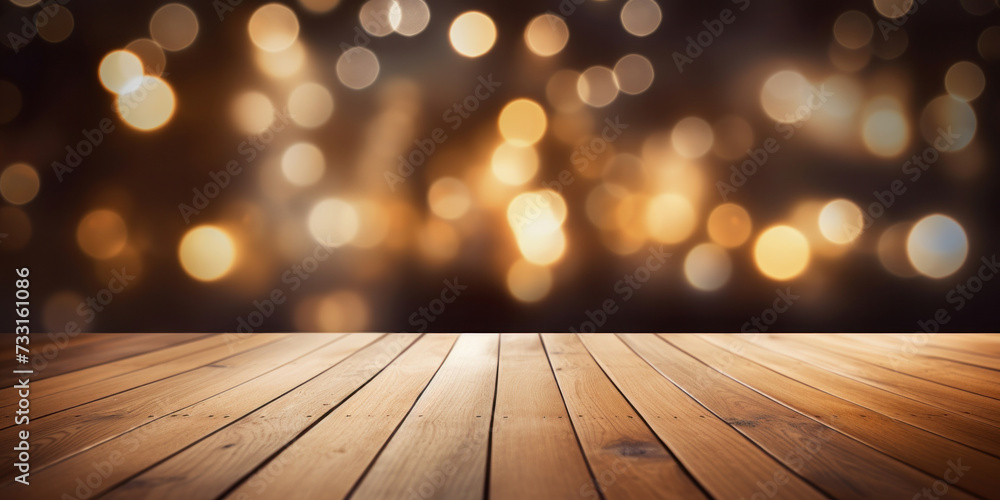 Empty brown wooden floor or wood board table with blurred abstract night light bokeh background. Empty brown wooden floor or wood board table with blurred abstract night light bokeh background.