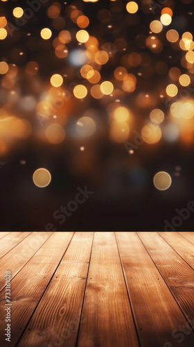 Empty brown wooden floor or wood board table with blurred abstract night light bokeh background.