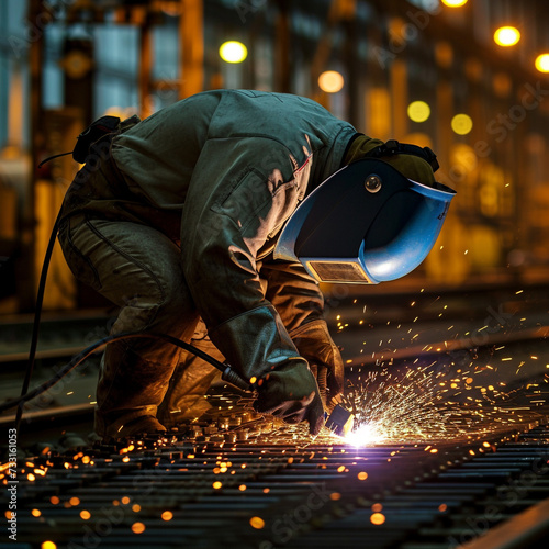 Welder in a workshop welds metal together