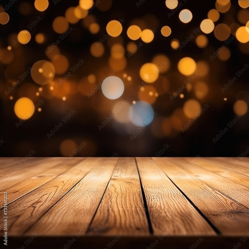 Empty brown wooden floor or wood board table with blurred abstract night light bokeh background. Empty brown wooden floor or wood board table with blurred abstract night light bokeh background.