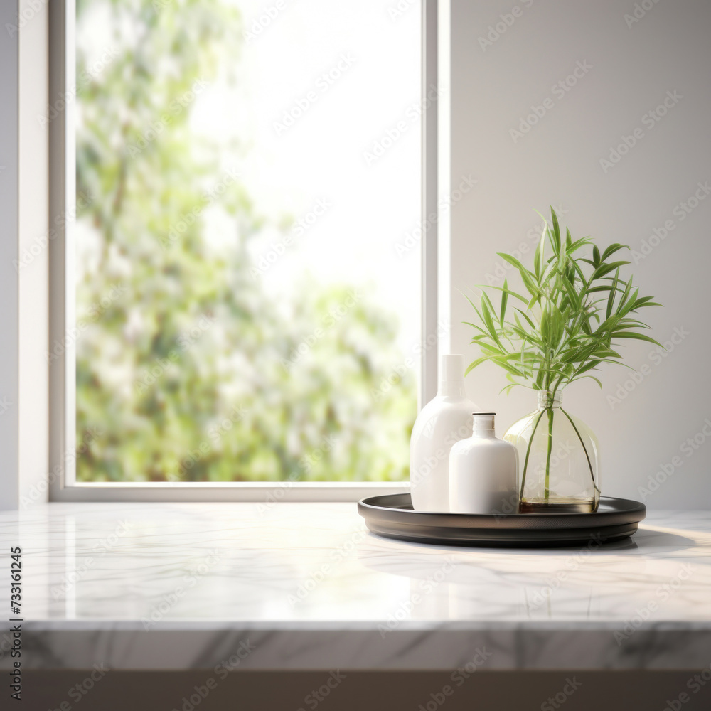 Empty marble table top for product display with blurred bathroom interior background. White bathroom interior. Empty marble table top for product display with blurred bathroom interior background. White bathroom interior.