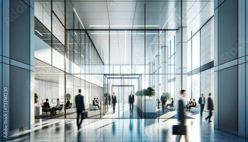 Bright office corridor with modern design and metropolitan view. Corporate, transparency, open space. Generative AI