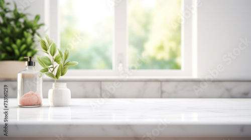 Empty marble table top for product display with blurred bathroom interior background. White bathroom interior. photo