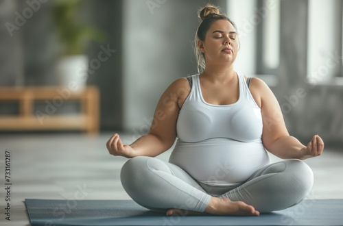 An overweight 30-year-old woman in a meditative yoga pose on a mat, indoors © Victoria