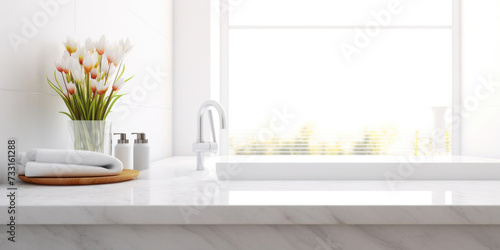 Empty marble table top for product display with blurred bathroom interior background. White bathroom interior.