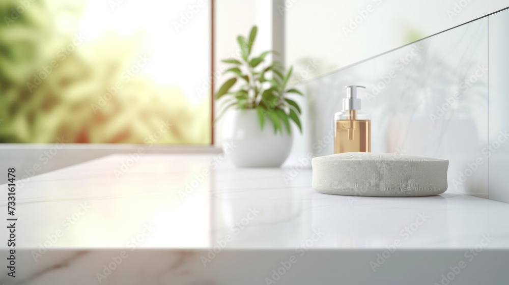 Empty marble table top for product display with blurred bathroom interior background. White bathroom interior. Empty marble table top for product display with blurred bathroom interior background. White bathroom interior.