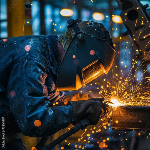 Welder in a workshop welds metal together