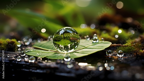 A close-up shot of a raindrop on a leaf, refracting the surrounding world like a tiny lens
