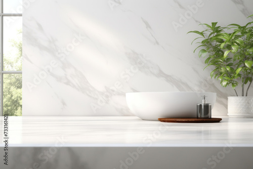 Empty marble table top for product display with blurred bathroom interior background. White bathroom interior.