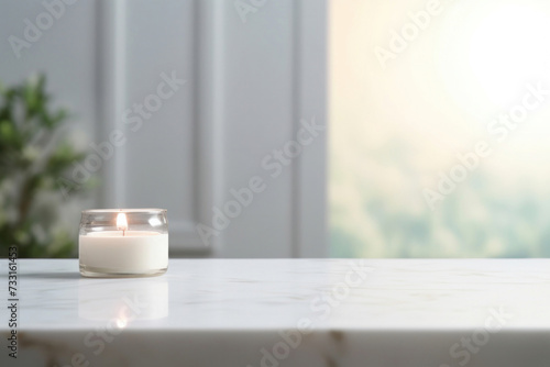 Empty marble table top for product display with blurred bathroom interior background. White bathroom interior. © Wararat