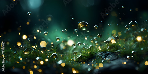Abstract bokeh shimmering green grass with defocused water drops background
