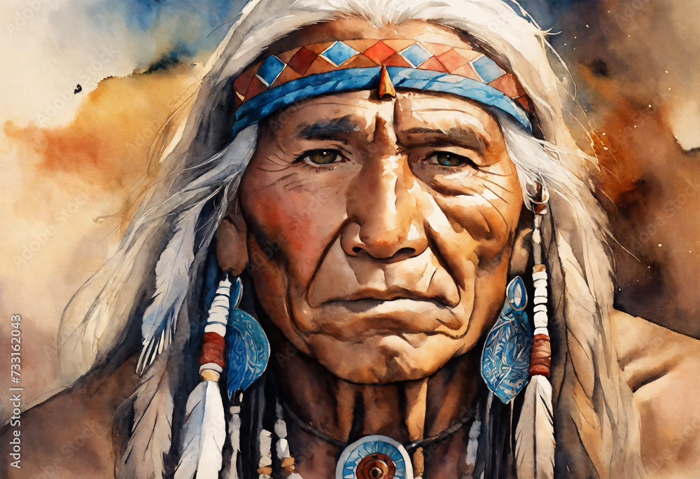 Native american elderly man watercolor - AI generated - obrazy, fototapety, plakaty 