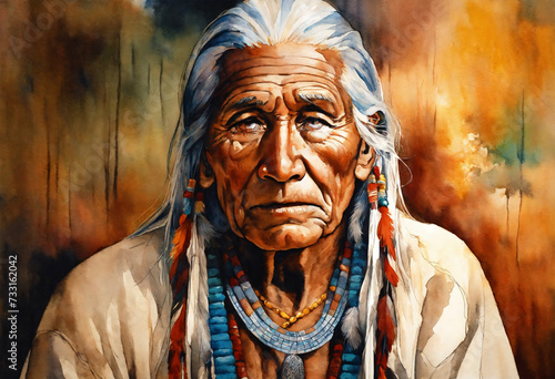 Native american elderly man watercolor - AI generated