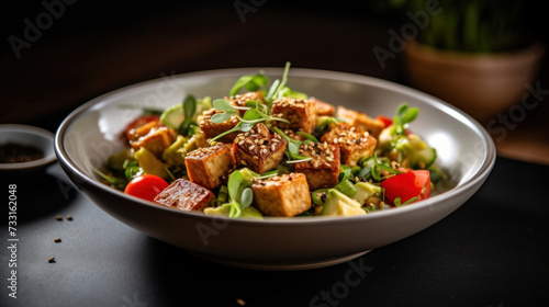 Fried tofu salad with sprouts and sesame seeds in white bowl. .Vegan food.