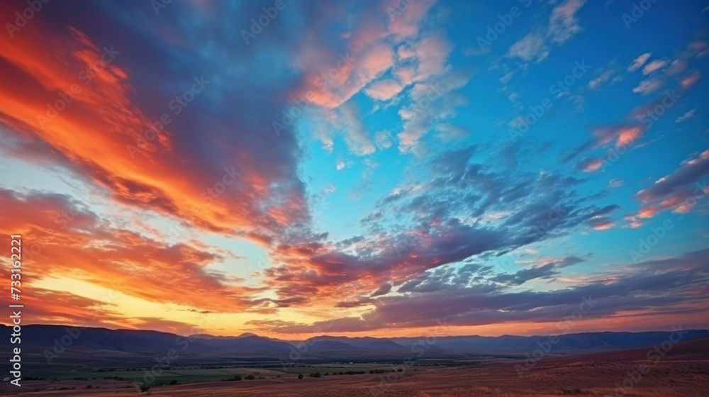 Majestic sunrise or sunset landscape with stunning nature's light and rolling colorful clouds.