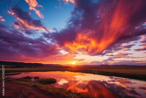 Majestic sunrise or sunset landscape with stunning nature's light and rolling colorful clouds. © Wararat