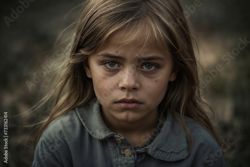 Pequeña niña con expresión triste en su rostro photo