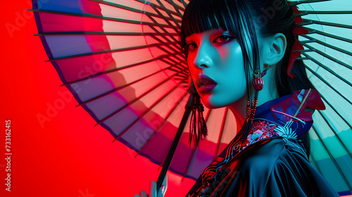 Beautiful woman wearing black kimono, in the style of futuristic pop
