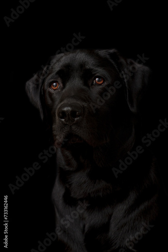 Portrait of a black Labrador puppy on a black background. © photoPepp