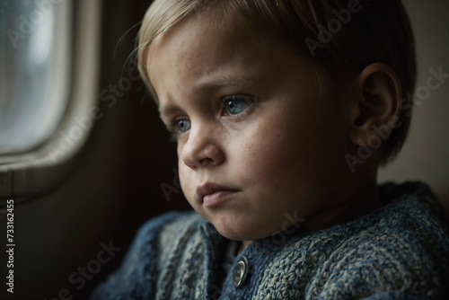 Niño con mirada triste observando por la ventana de un avión.