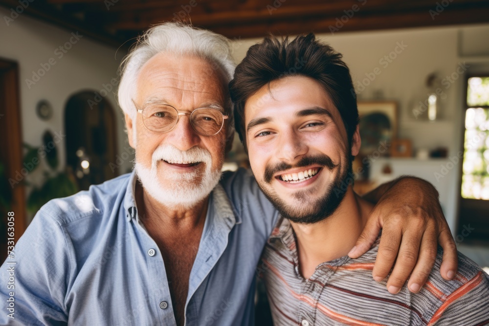 Father and son bonding at home with love and happiness. - obrazy, fototapety, plakaty 