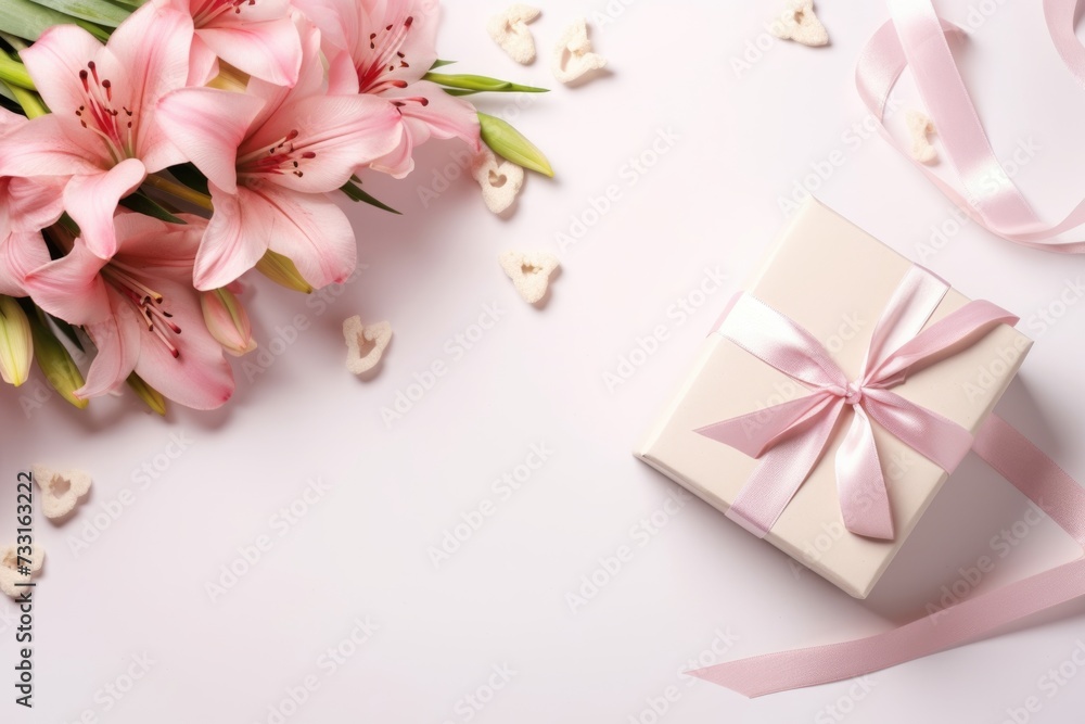Mothers Day composition with gift box and flowers