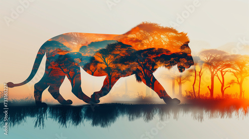 Silhouette of a Lion with African Savannah Sunset Scenery, Double Exposure Art