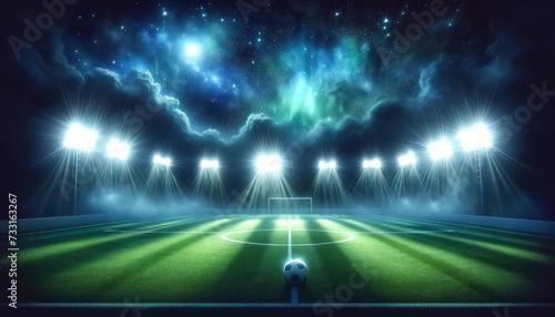 Enchanting football stadium with a soccer ball at center under a starry night sky and aurora lights. Generative AI © Who is Danny