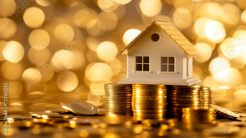 Conceptual Image of a White House Model on Stacked Coins with Golden Bokeh Background