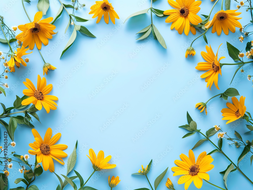 Bright yellow wildflowers with green leaves on a turquoise backdrop, sunny day concept. Generative AI Bright yellow wildflowers with green leaves on a turquoise backdrop, sunny day concept. Generative AI