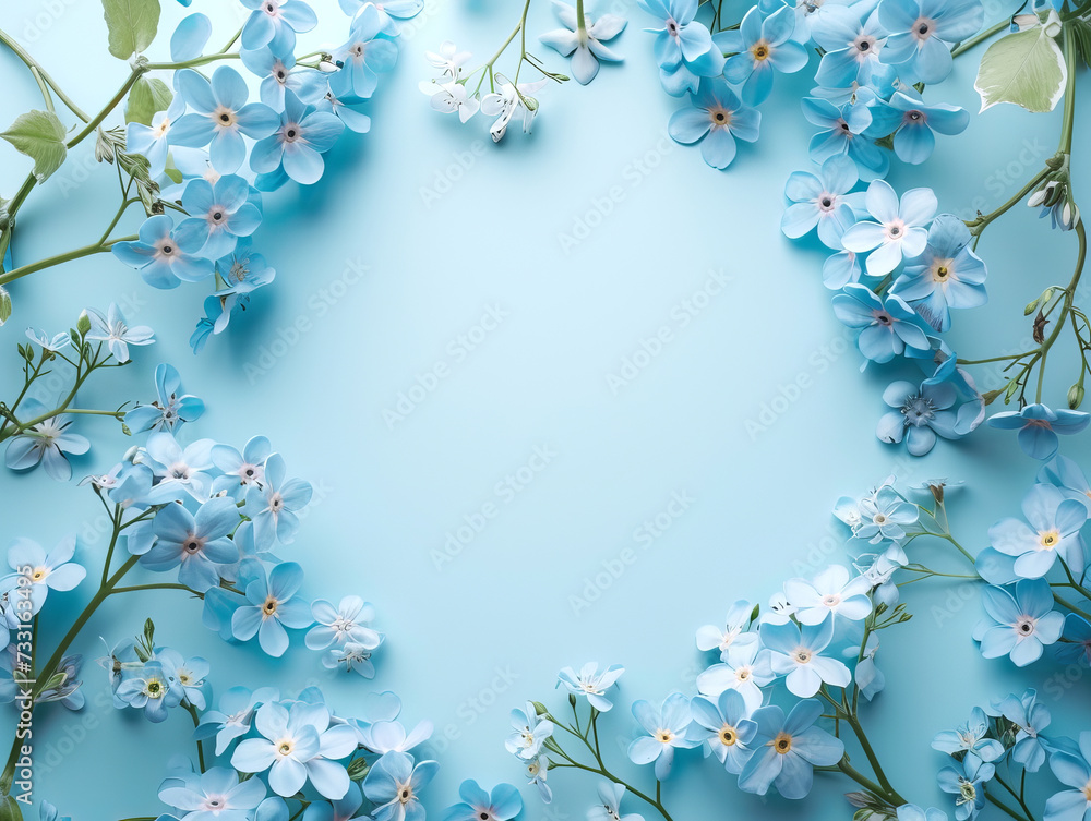 Delicate light blue flowers creating a border on a soft blue background. Floral elegance. Generative AI