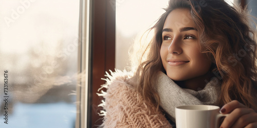 A happy young woman enjoying in her coffee time by the window in cold day.