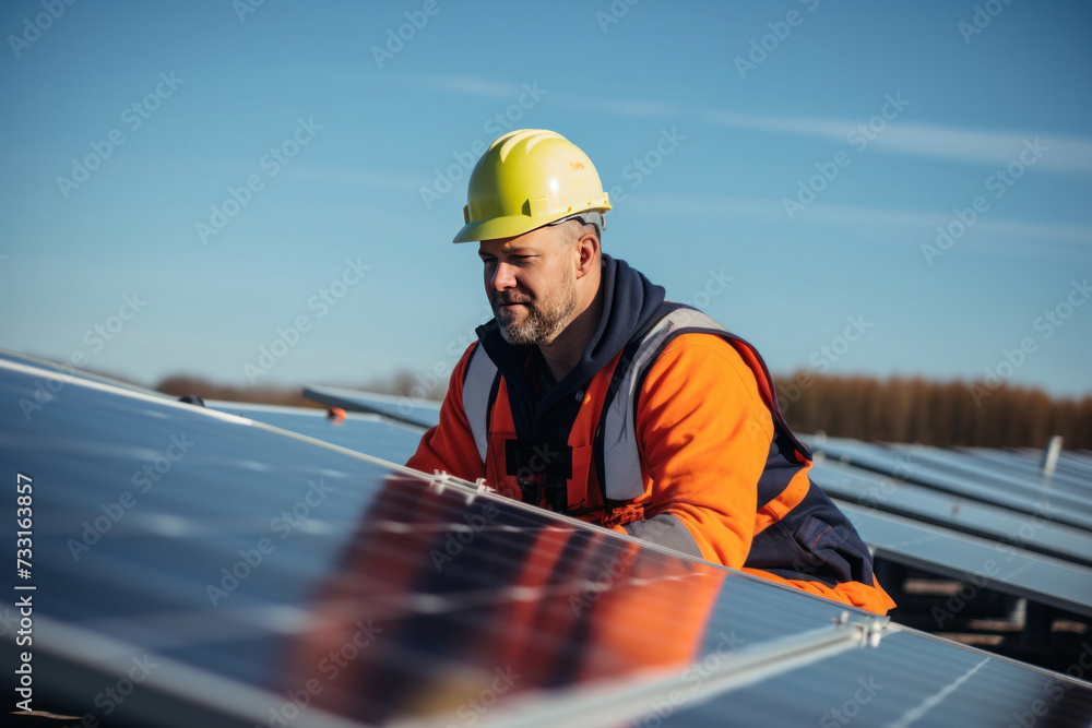 A male solar technician skilled worker in renewable energy solar farm jobs. A male solar technician skilled worker in renewable energy solar farm jobs.