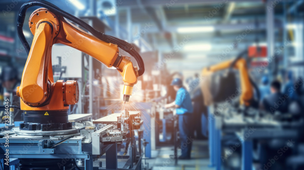 Digital manufacturing operation, An engineer check and control robotics automatic arms machine in factory automotive industrial. Digital manufacturing operation, An engineer check and control robotics automatic arms machine in factory automotive industrial.