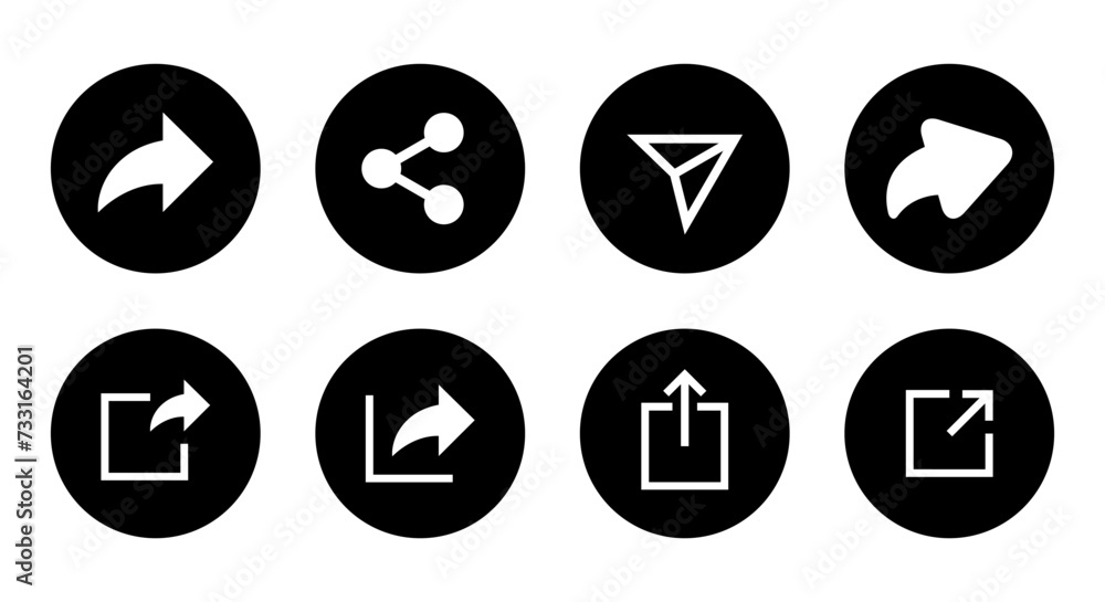 Share button icon set collection. Sharing, send sign symbol on black circle Share button icon set collection. Sharing, send sign symbol on black circle
