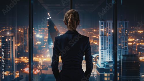 Successful Businesswoman in Stylish Suit Working on Top Floor Office Overlooking Night City. High Achievement Female CEO of Humanitarian Investment Fund, Human Face of Sustainable Corporate Governance © Akmalism