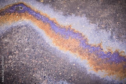 Puddle gasoline background, wet oil multicolored rainbow pollution spill