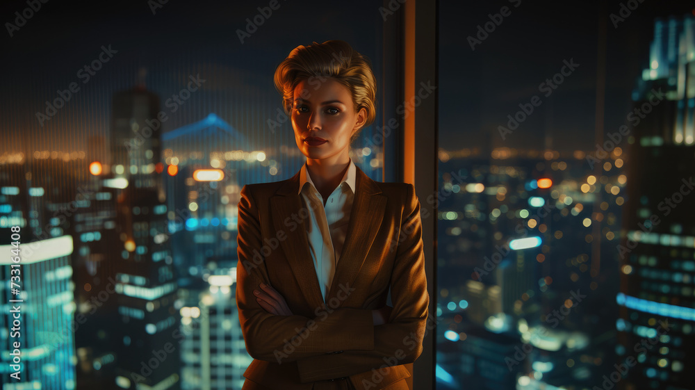 Successful Businesswoman in Stylish Suit Working on Top Floor Office Overlooking Night City. High Achievement Female CEO of Humanitarian Investment Fund, Human Face of Sustainable Corporate Governance Successful Businesswoman in Stylish Suit Working on Top Floor Office Overlooking Night City. High Achievement Female CEO of Humanitarian Investment Fund, Human Face of Sustainable Corporate Governance
