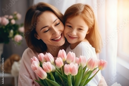 Mothers Day celebration with daughter giving flowers.