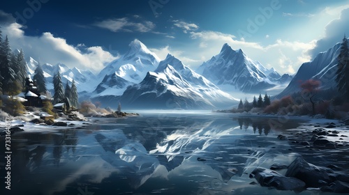 A panoramic view of a serene lake surrounded by snow-covered mountains, creating a breathtaking winter landscape